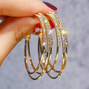 NEW 1.75'' Gold Round Diamond Triple Layer Hoop